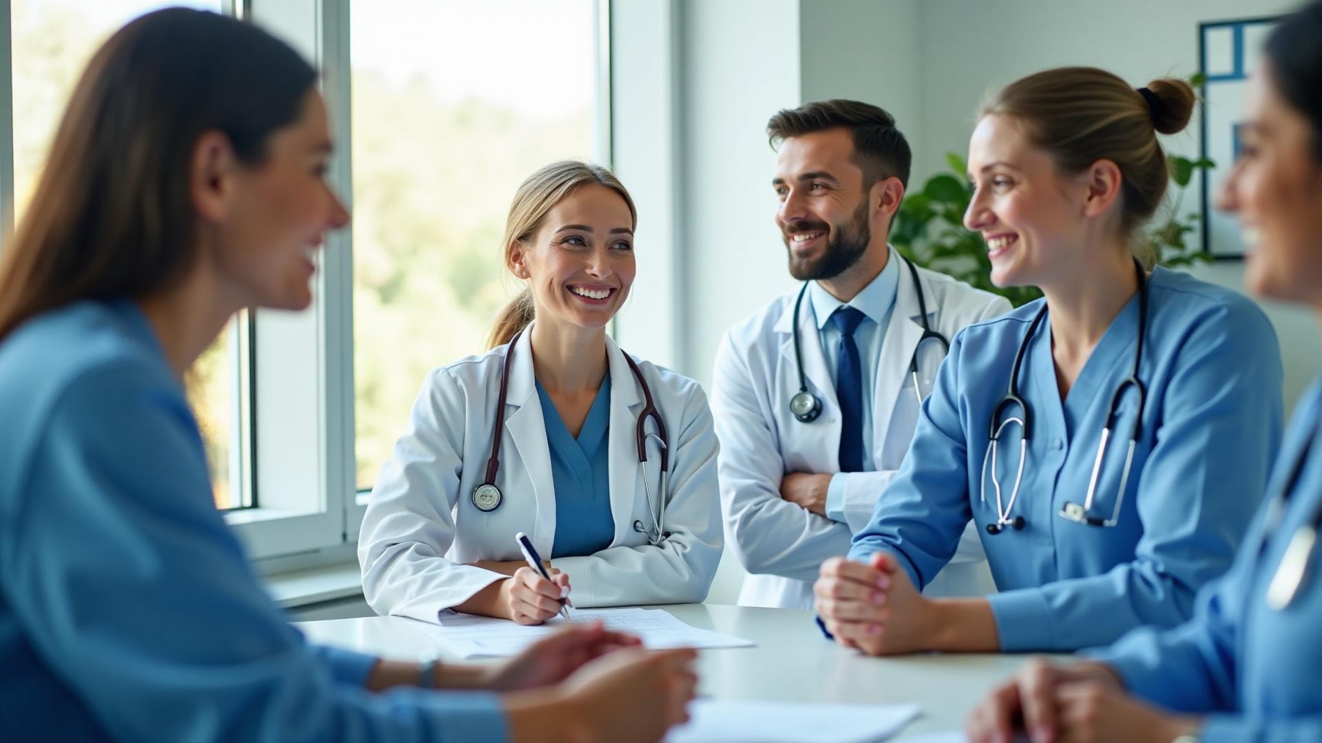 HCP Talent recruiters collaborating with healthcare leaders in a bright office