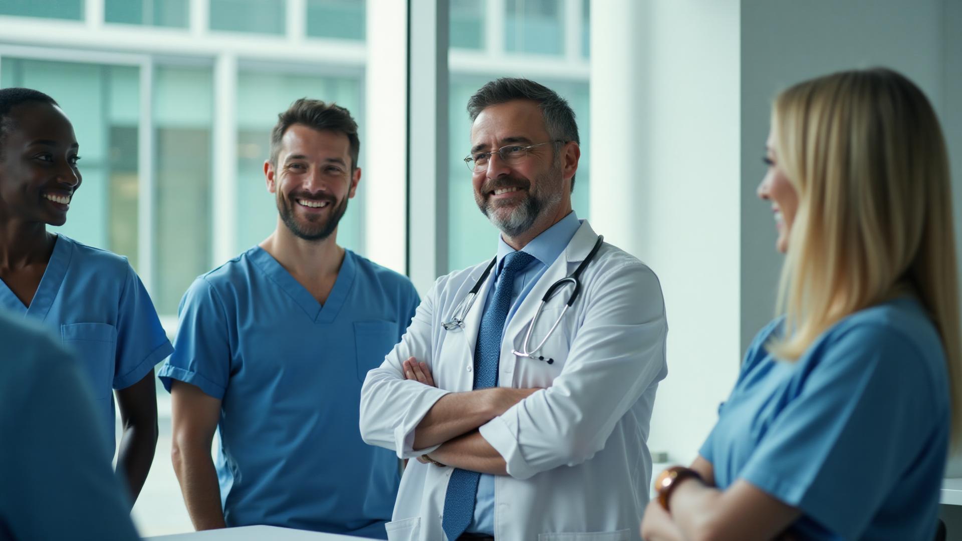 Hospital executives discussing a leadership hiring plan in a meeting room