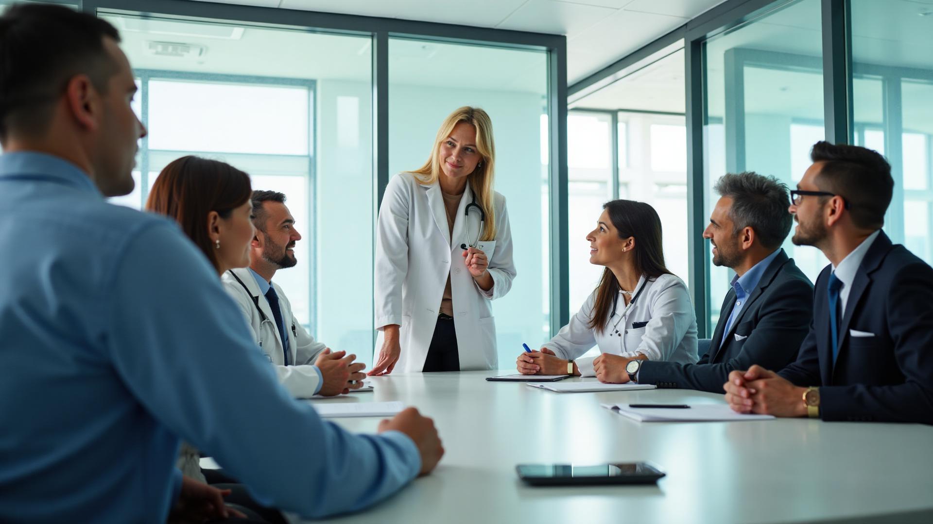 Chief medical officer and clinical leaders reviewing patient care strategy in a hospital conference room