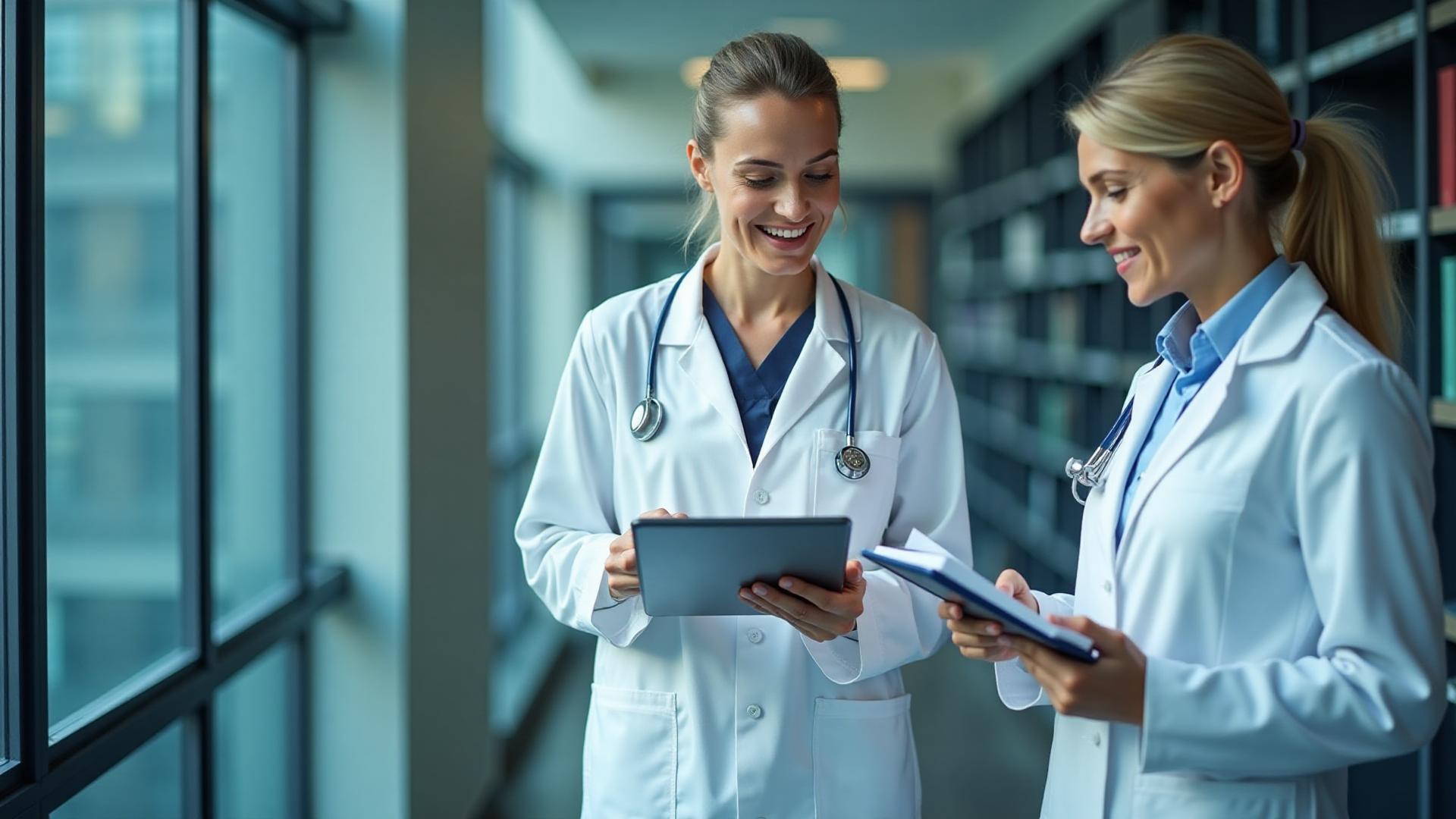 Healthcare professionals reviewing career resources and hiring guides on a laptop